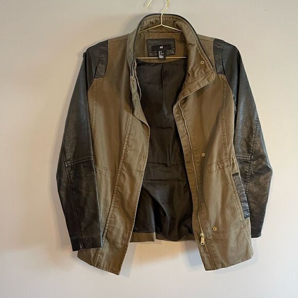 H&M Mixed Media Jacket Faux Leather & Army Green | SZ 2 - Picture 8 of 12
